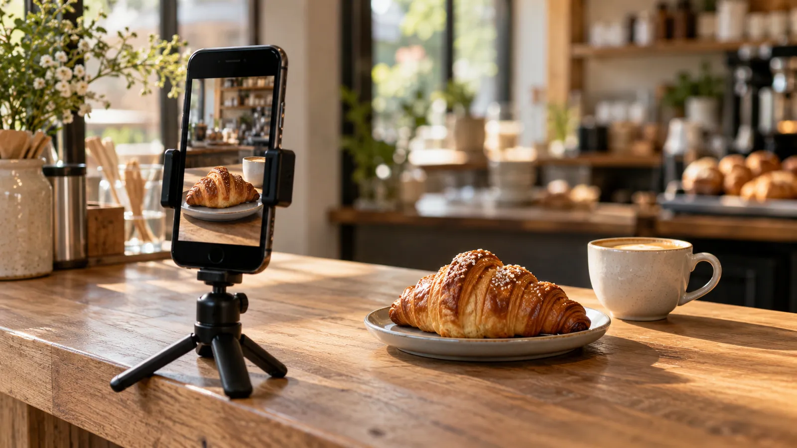 Telefon pe un trepied mic care filmează un produs pe tejgheaua unei cafenele